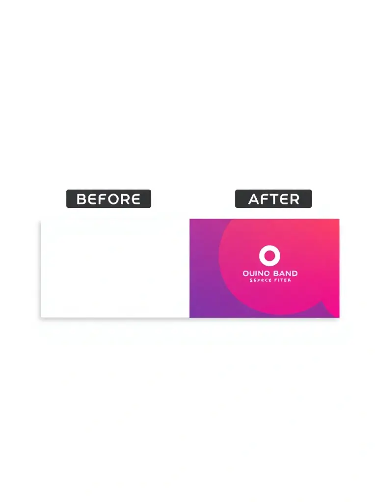 A split-screen image showing a before-and-after of a business card design, with the 'after' side featuring customized elements like logo placement and text alignment.