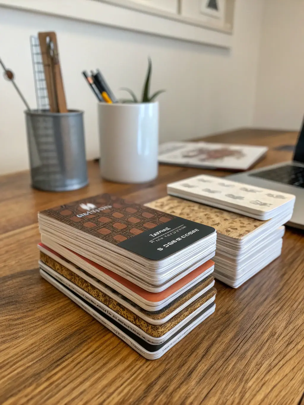 A close-up image showcasing different business card finishes (matte, glossy, linen) with a hand gently touching the textures.