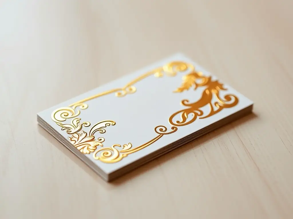 A close-up shot of a premium business card featuring a raised foil logo on thick, textured paper. The lighting highlights the tactile quality and the precision of the foil application.