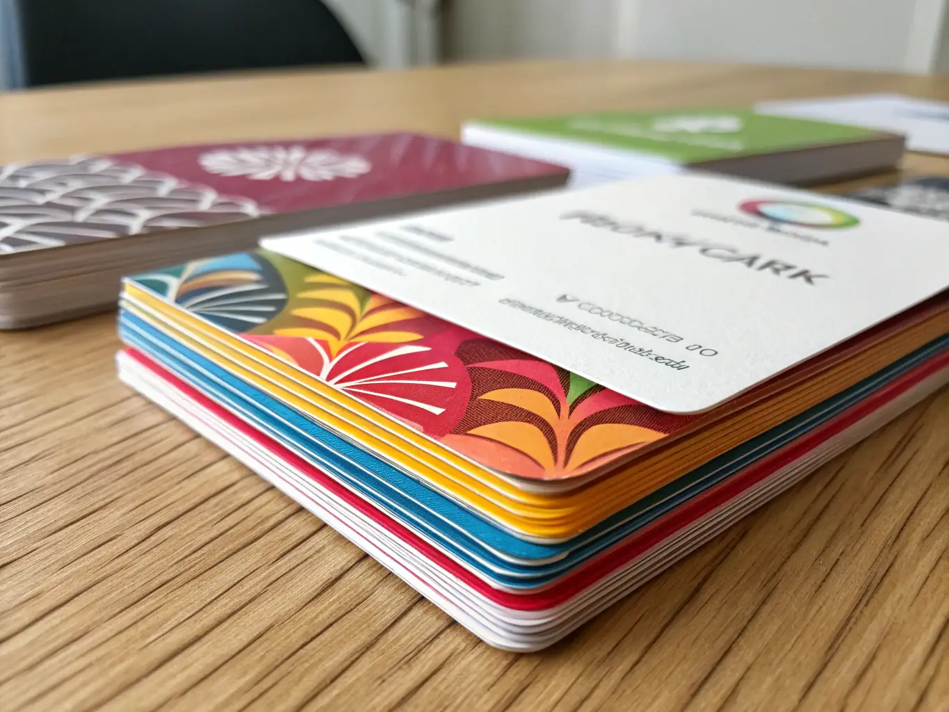A close-up shot of various business cards showcasing different font styles and sizes, arranged to highlight the diversity of typographic options available for customization.
