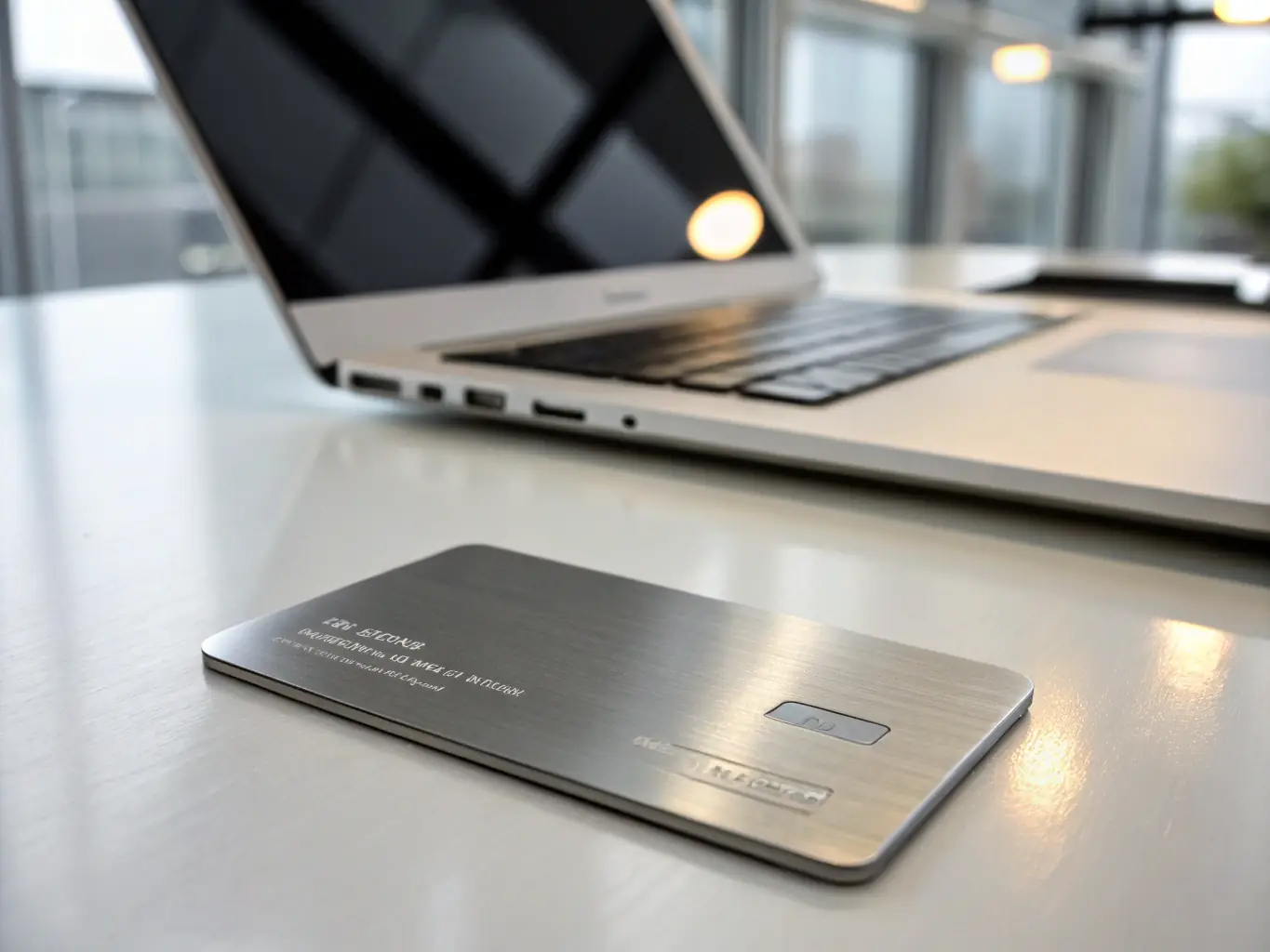 A high-resolution image of a business card printed on thick, matte cardstock, displaying vibrant colors and sharp details. The card is placed on a wooden desk with a pen and notebook to give context.