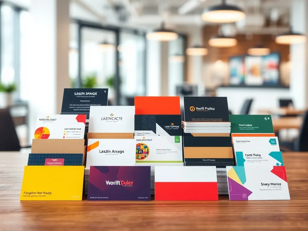 A vibrant display of business cards featuring different color palettes, ranging from bold and modern to classic and professional, demonstrating the impact of color on brand identity.